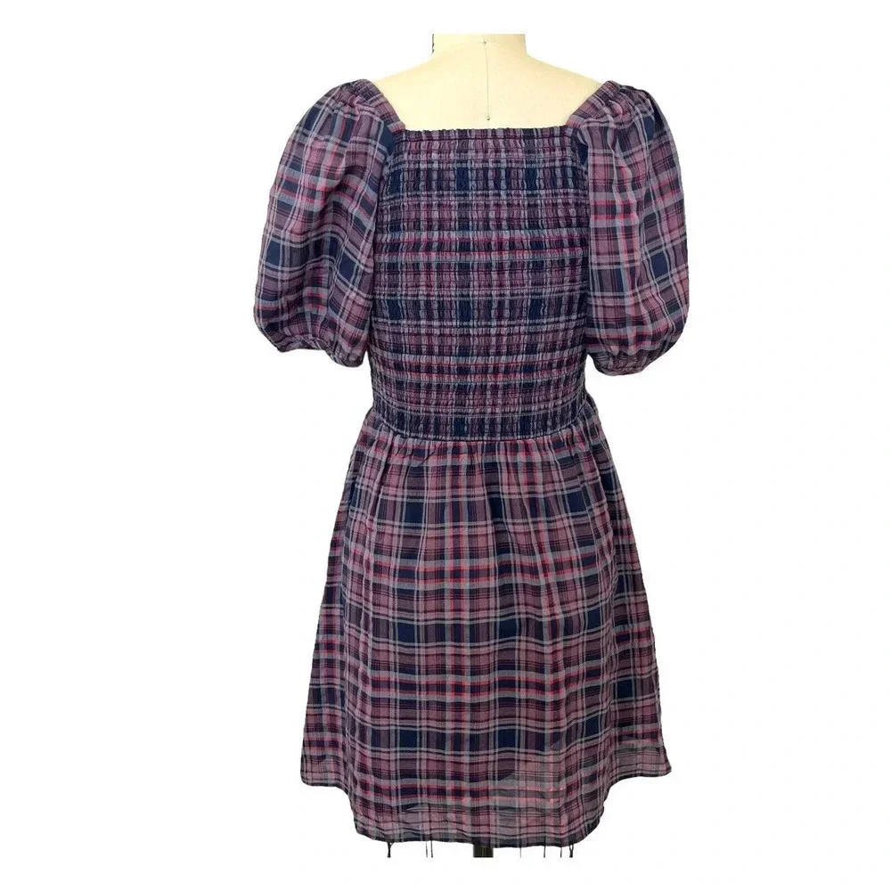 Madewell Lucie Puff-Sleeve Smocked Mini Dress in Rockfern Plaid Sz S